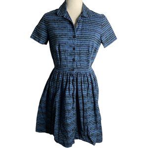 Sugardale Retro Pinup Shirt Dress L Blue Short Sleeves Buttons Pockets Lined